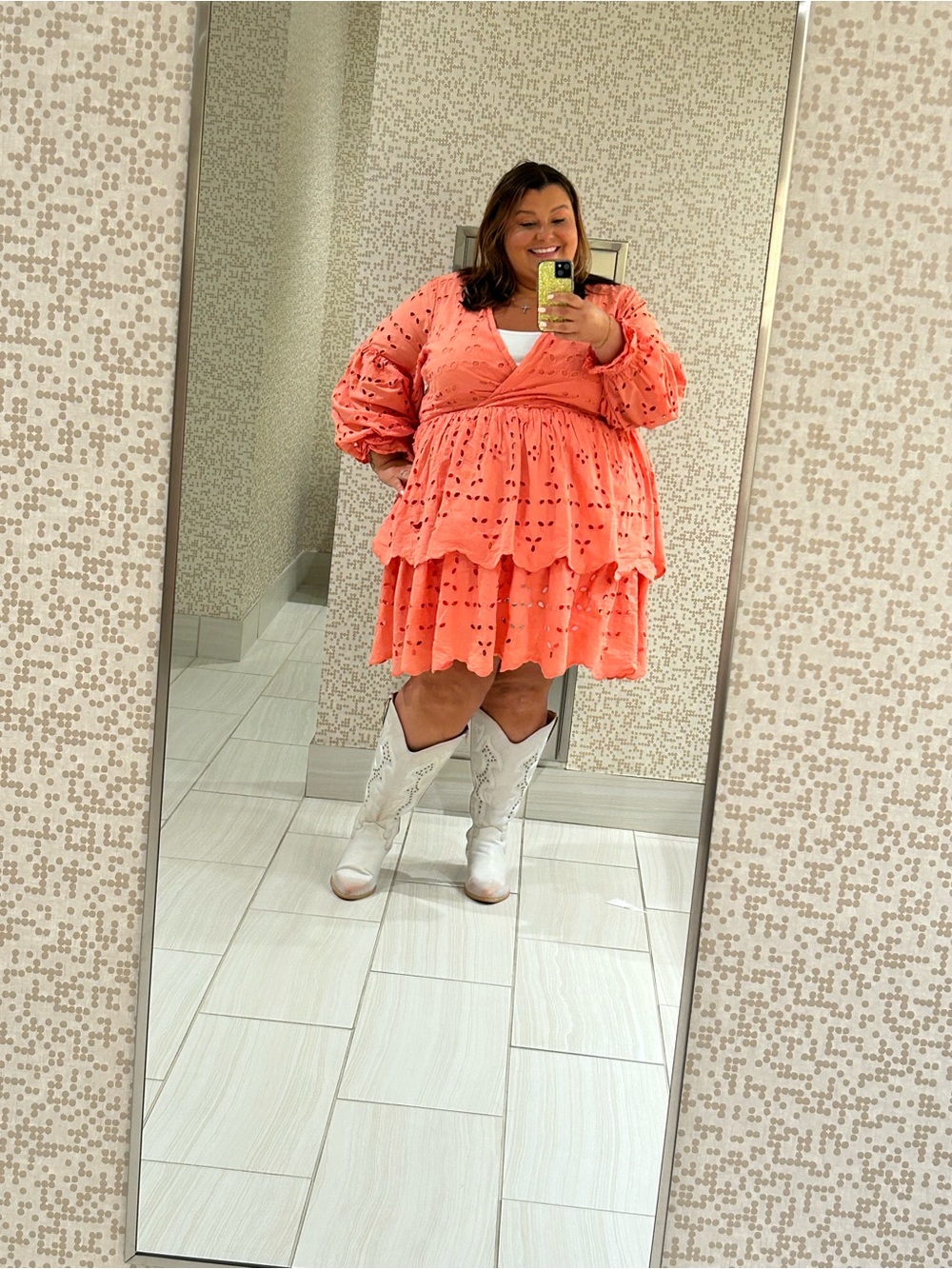 Eloquii Coral Eyelet Tiered Mini Dress